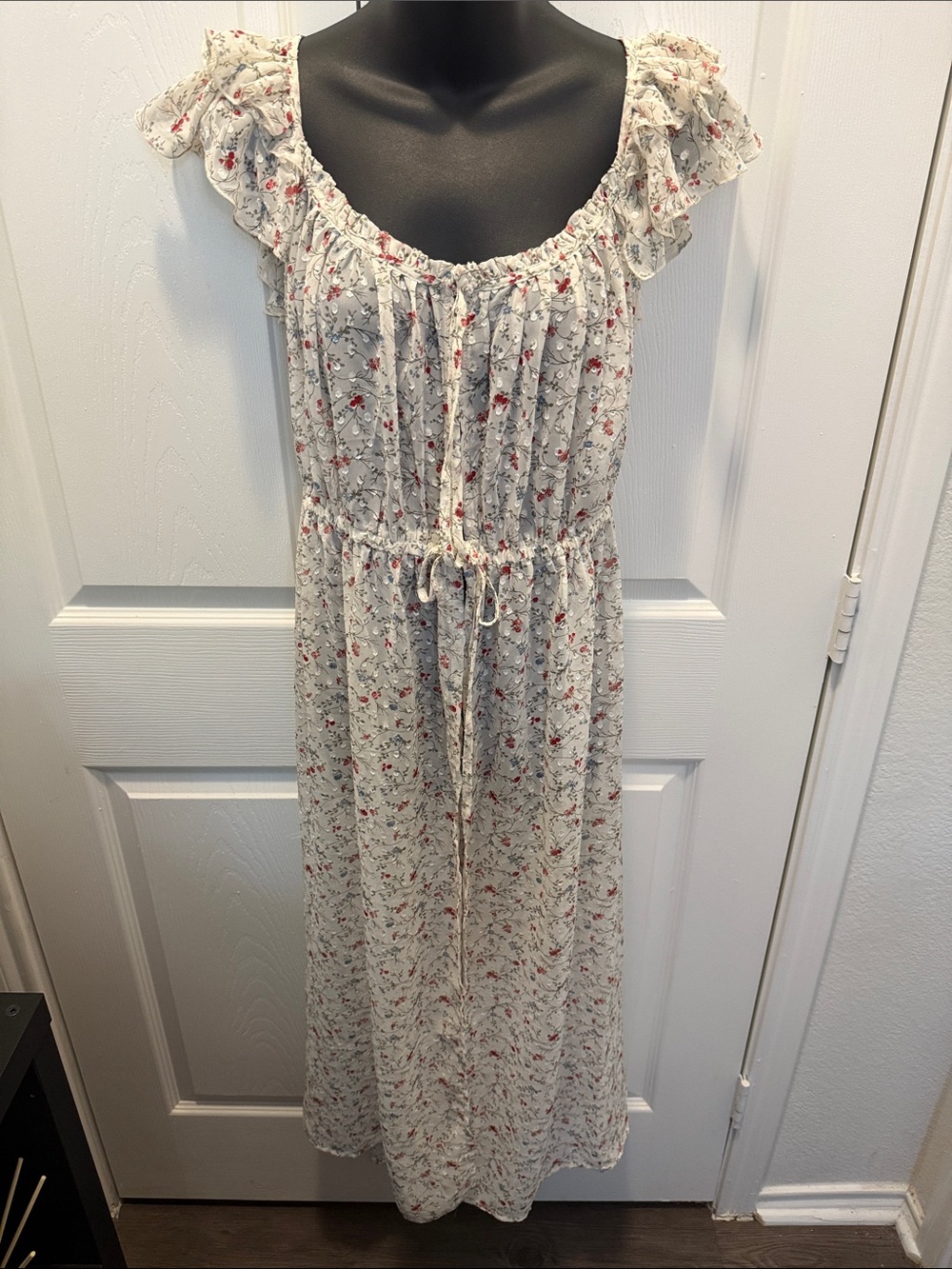 Floral Ruffle Sleeve Duster - Cream with Red Floral